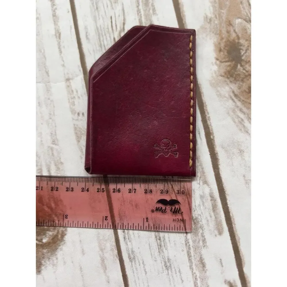 Burgundy Leather‎ Card Holder with Skull Embossed Detail